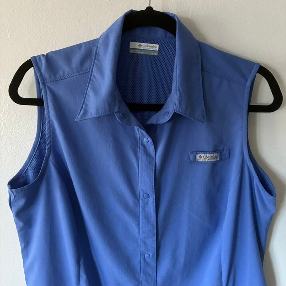 Columbia PFG Womens Large Blue Sleeveless Fishing Shirt Vented Snap Front Pocket